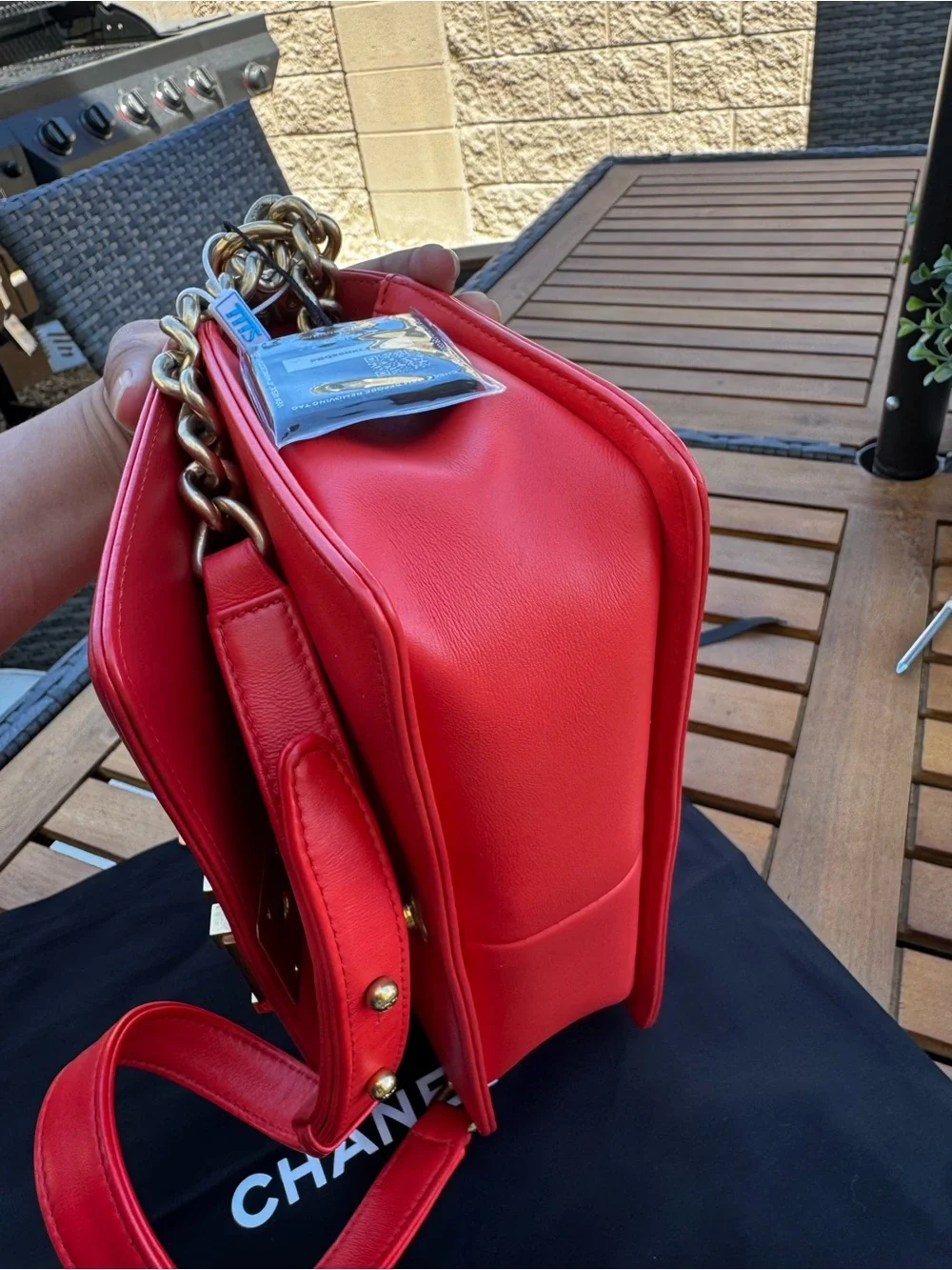 CHANEL Red Quilted Boy Shoulder Bag with Gold Hardware